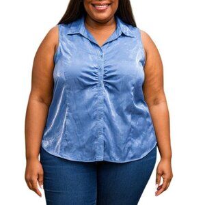 Blue Diamond Plus Size 18W Top Sleeveless Ruched Collared Button-Up Shiny Blue